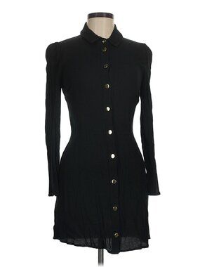 Reformation Hugh Mini Dress Women's 8 Black Long Sleeve Gold Button Collared